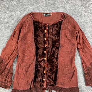 L'Pogee Blouse Womens Size M Brown Velvet Boho Bell Sleeve Embroidered